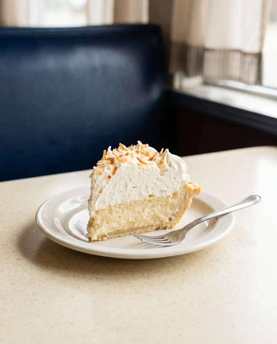 A slice of coconut cream pie with whipped cream and toasted coconut on a diner table